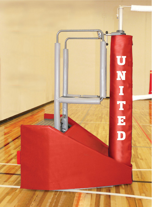 VB-ADAPT: Adaptible Freestanding Volleyball System - Side shown with optional fold-up referee stand. VB-ADAPT: Adaptible Freestanding Volleyball System - Side shown with optional fold-up referee stand.